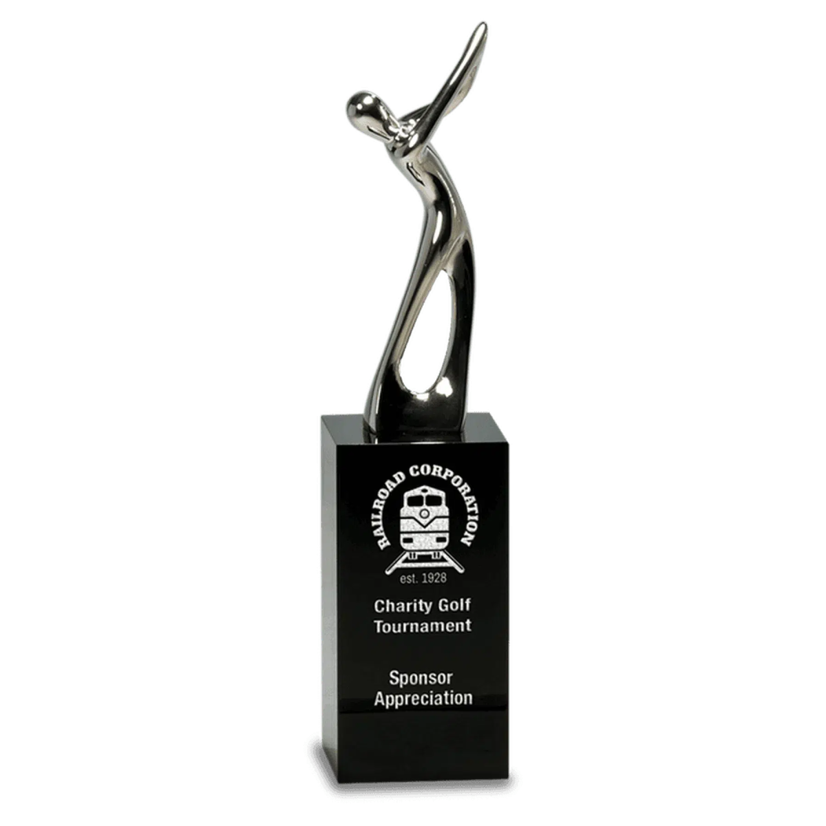 Silver Metal Golf Figure on Black Crystal Pedestal - LightForce Laser Engraving, LLC