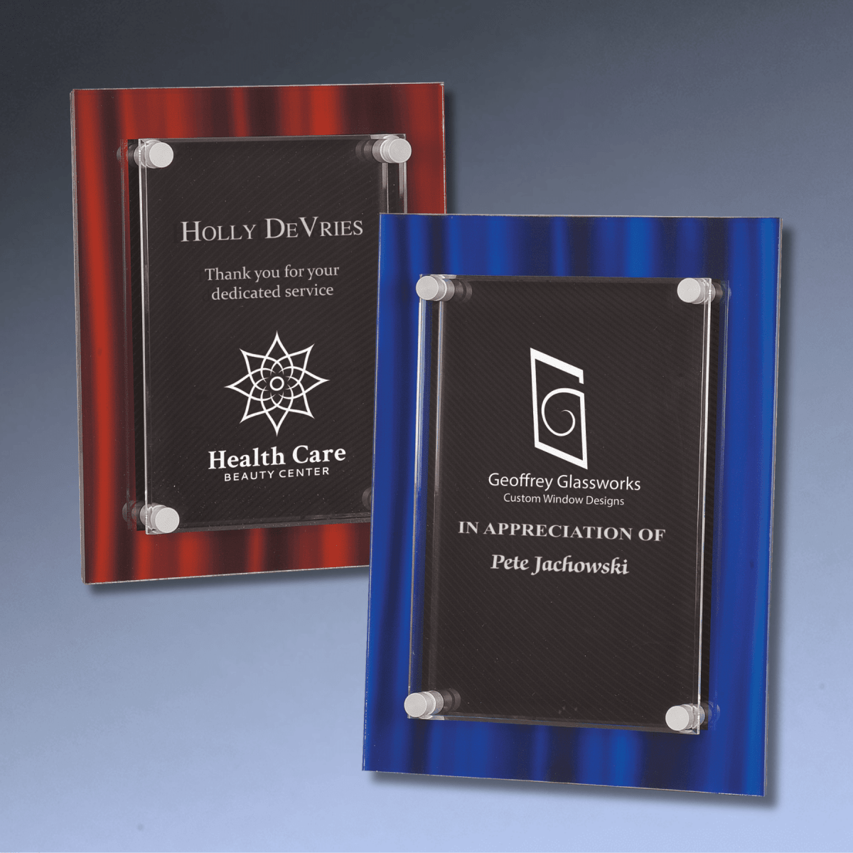 Velvet Stand - Off Acrylic Plaque – Custom Engraved for Recognition - Blue Velvet