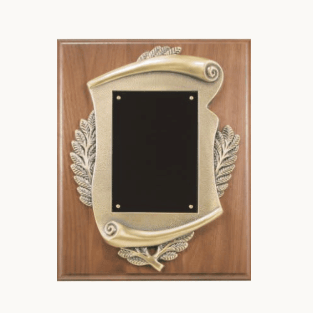 Walnut Award Plaques with Metal Scroll and Black Brass Plate - 8" x 10"