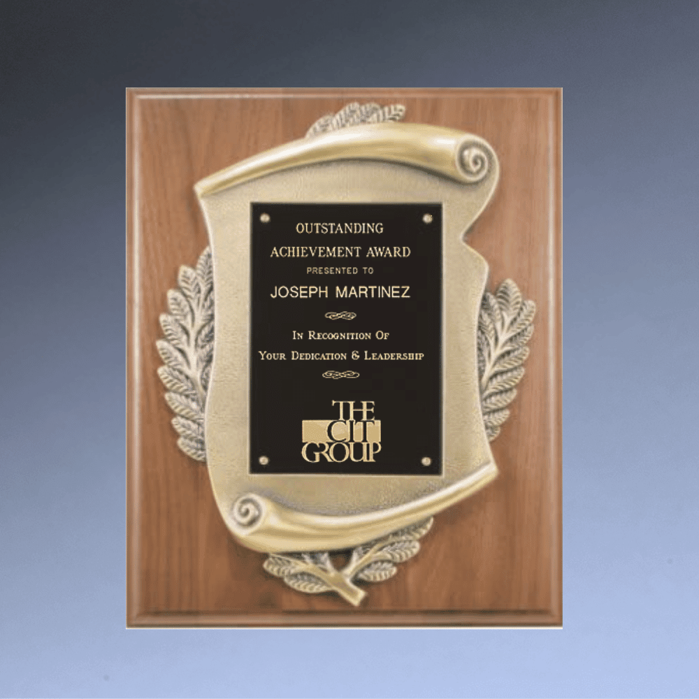 Walnut Award Plaques with Metal Scroll and Black Brass Plate - 8" x 10"