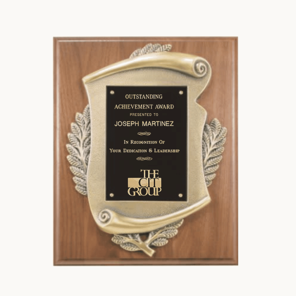 Walnut Award Plaques with Metal Scroll and Black Brass Plate - 8" x 10"
