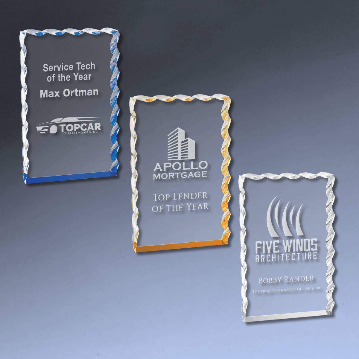 Wave Edge Acrylic Awards - Custom Engraved with Color Accents - Blue